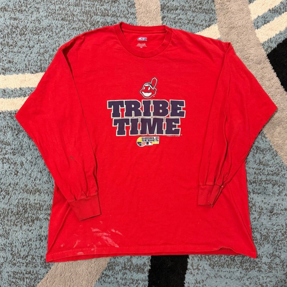 Vintage Cleveland Indians Tribe Time 2007 World Series Long Sleeve Shirt Red 2XL
